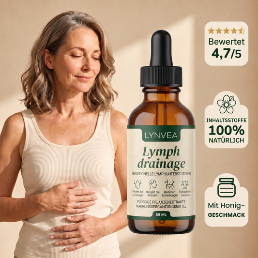Lynvea Lymphdrainage-Tropfen – Frau mit Flasche, 4,7/5, 100 % natürlich, mit Honiggeschmack