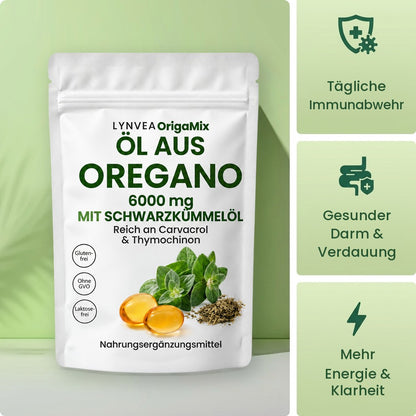 Lynvea OrigaMix Oreganoöl 6000 mg mit Schwarzkümmelöl: tägliche Immunabwehr, gesunder Darm, mehr Energie